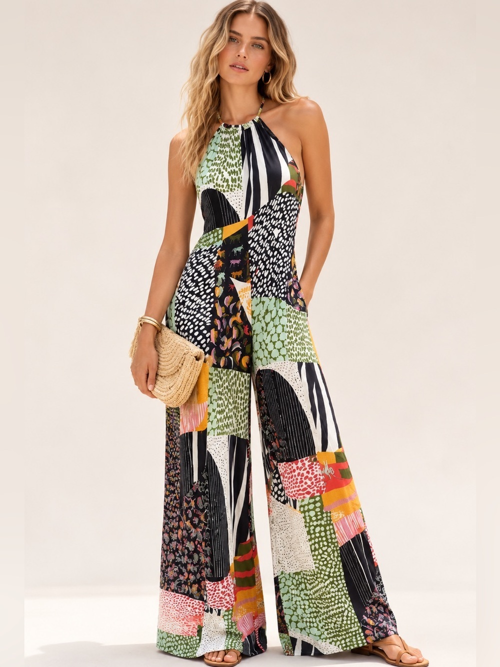 Asha Eleven Patchwork Halter Jumpsuit Size M
